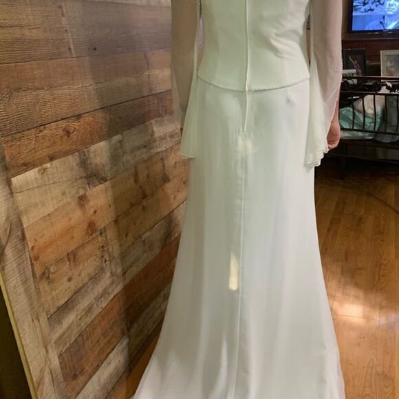 Kathryn LaCroix white nee wedding dress gown beading sheer long sleeves, size 10 - Picture 10 of 13